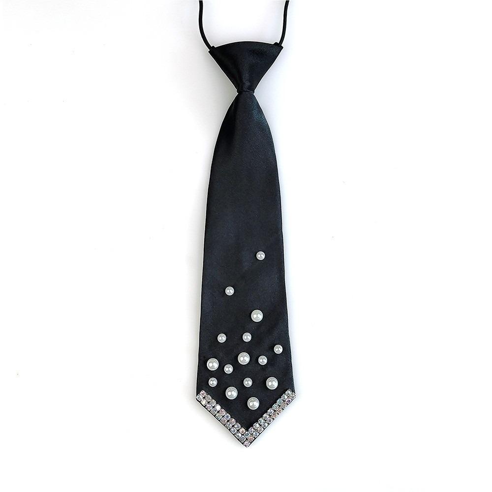Rhinestone Pearls Tie Black Decoration Shirt Tie Temperament Hand-beaded Long Necktie  Students