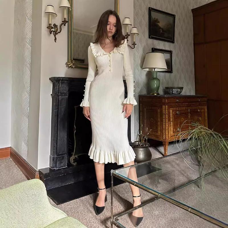 Podzimní Pletené Šaty s Dlouhým Rukávem a Volánky Dámská Móda Zimní Slim Fit Svetrové Šaty s Vysokým Pasem Dámské Elegantní Vintage Sexy Párty Ležérní Šaty 25085