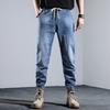 Men's Spring/Summer New Style Loose Korean Fashion Elastic Waist Drawstring Jeans with Cut Tags and Cuffed Hems