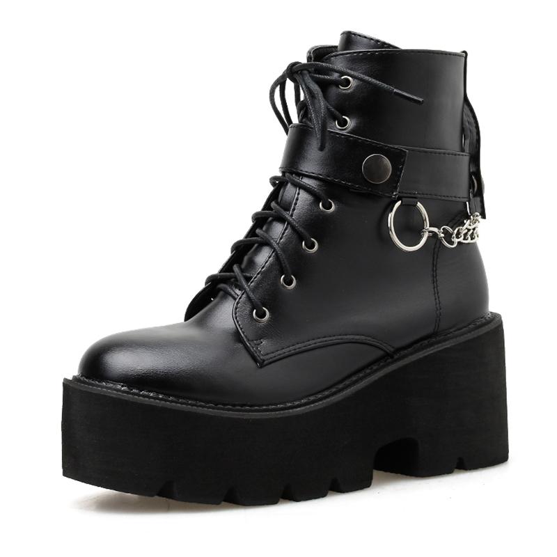 Gdgydh Sexy Chain Women Leather Autumn Ankle Boots Block Heel Gothic Black Punk Platform Shoes Female Footwear