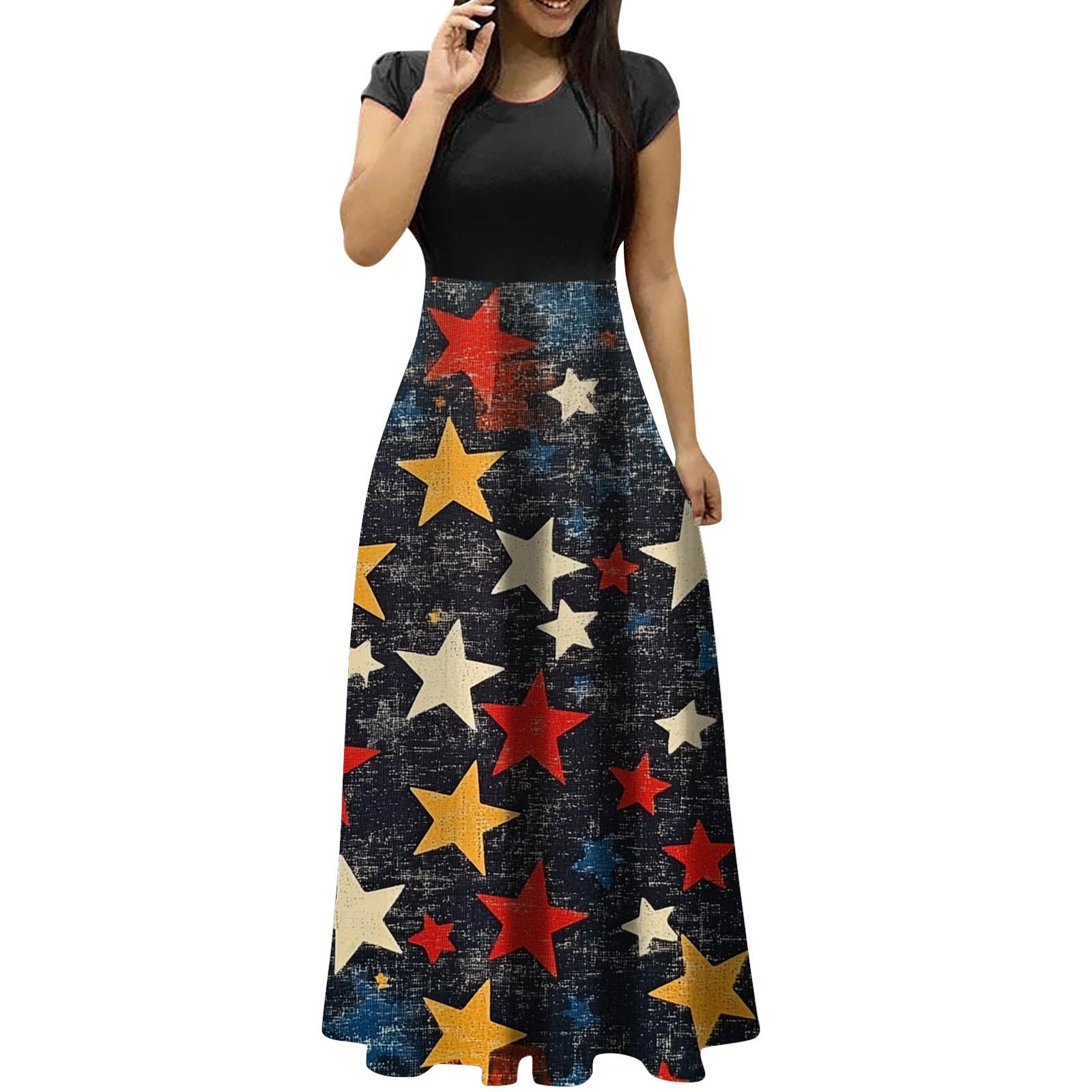 

Women s Fashion Casual Round Neck Independence Day Elegant Temperament Short Sleeve Dresses XL жовтий
