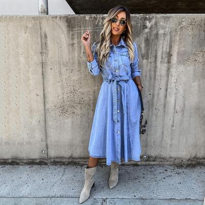 Rochii de cowboy cu mâneci lungi, lejer, lejer, pentru femei, rochie de vară din denim