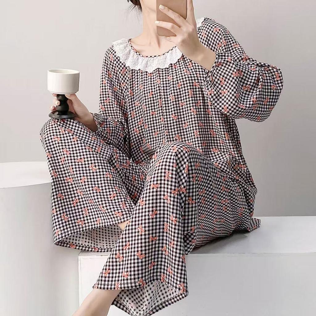 Spring and Summer New Plaid Printing Crew Neck Lace Long-sleeved Trousers Pajamas Set Women's Loungewear Loose Spot