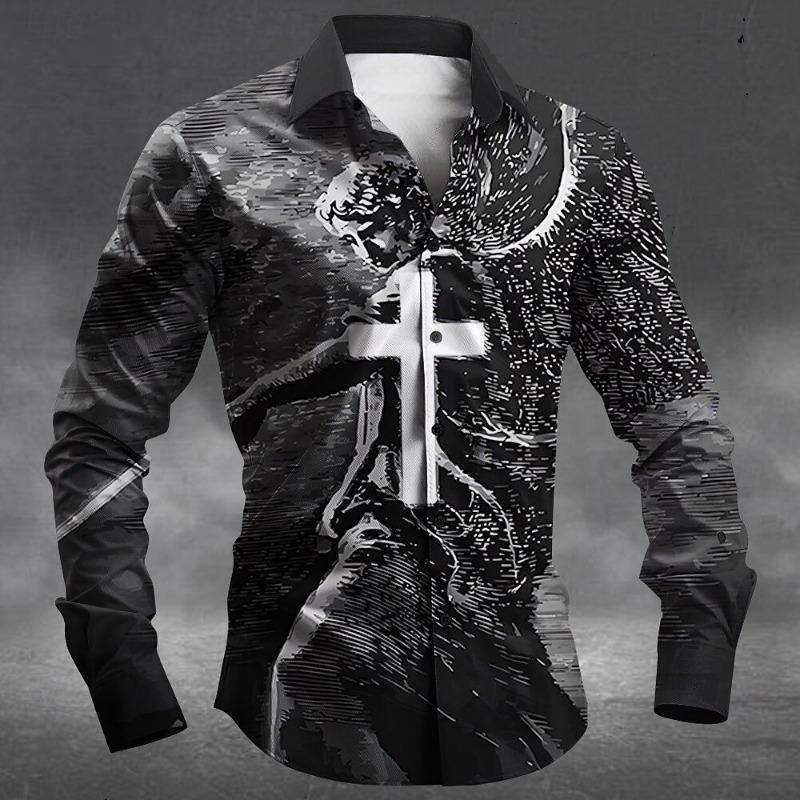 New Men's 3D Skull Print Button Up Shirt Long Sleeved Deep Punk Gothic Flower Style Outdoor Holiday Collar Shirt Top