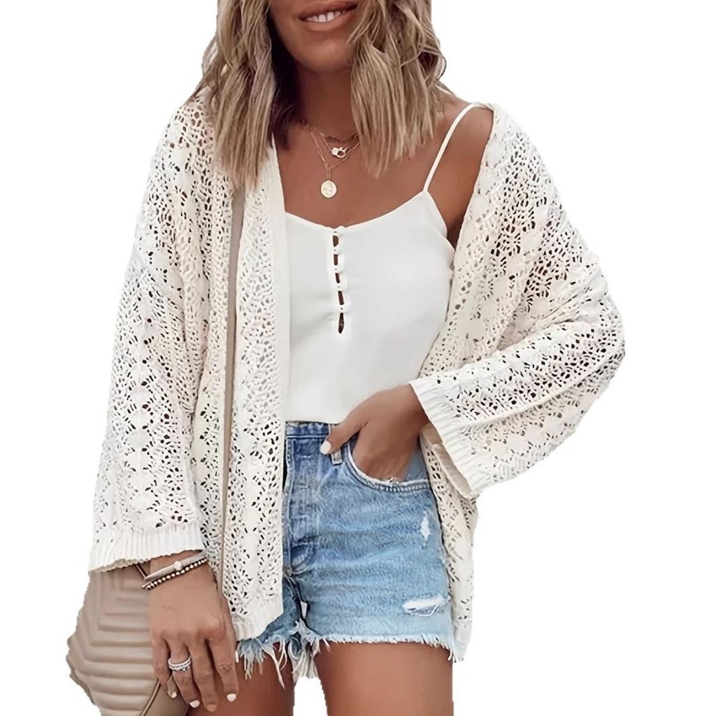 Plus Size Women's Summer Solid Color Hollow Out Knitted Open Front Cardigan Casual Loose Beach Holiday Cover Up