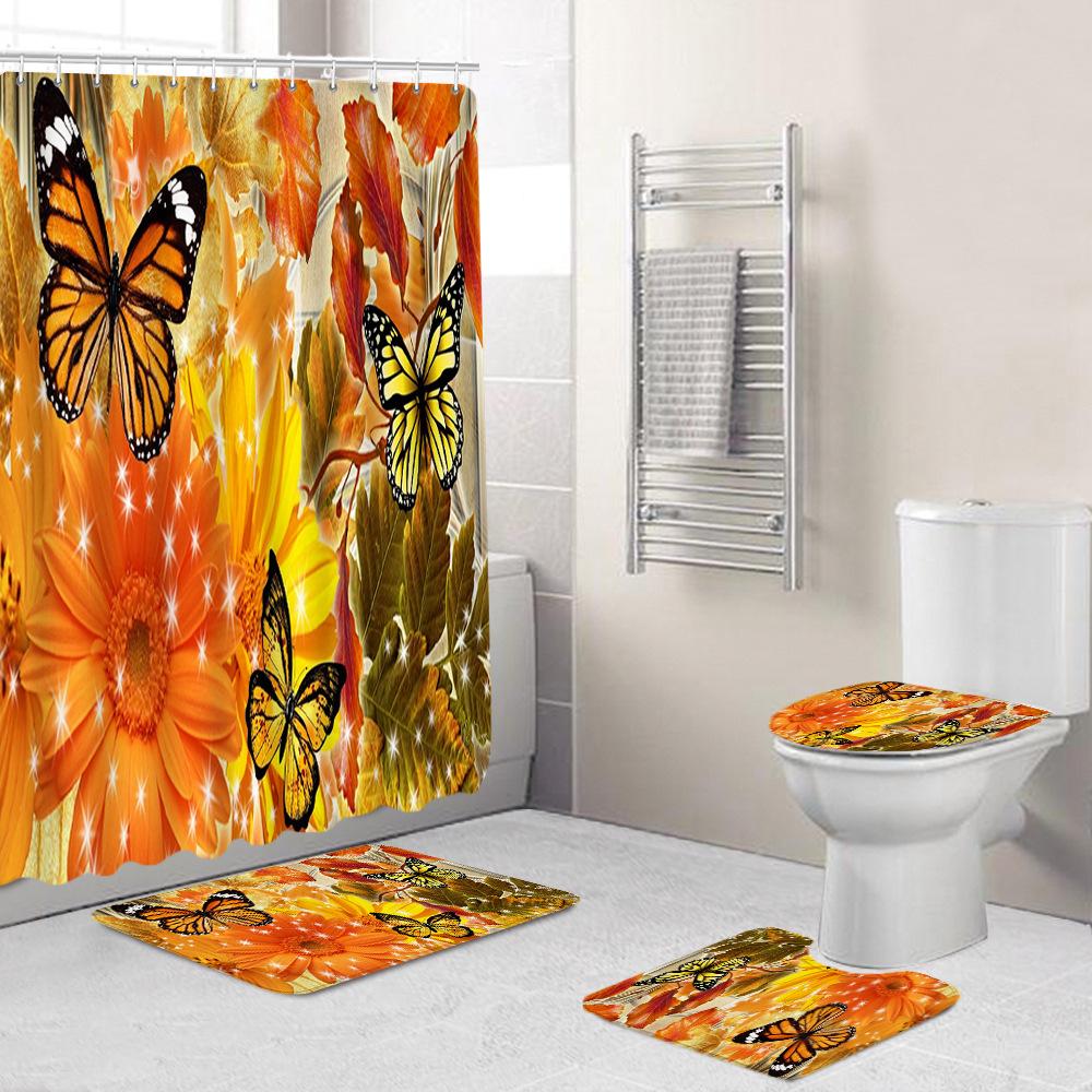 Creative Fashion Series Shower Curtain Floor Mat Combination Four-Piece Set Bathroom Toilet Carpet Shower Room Mat Foot Mat