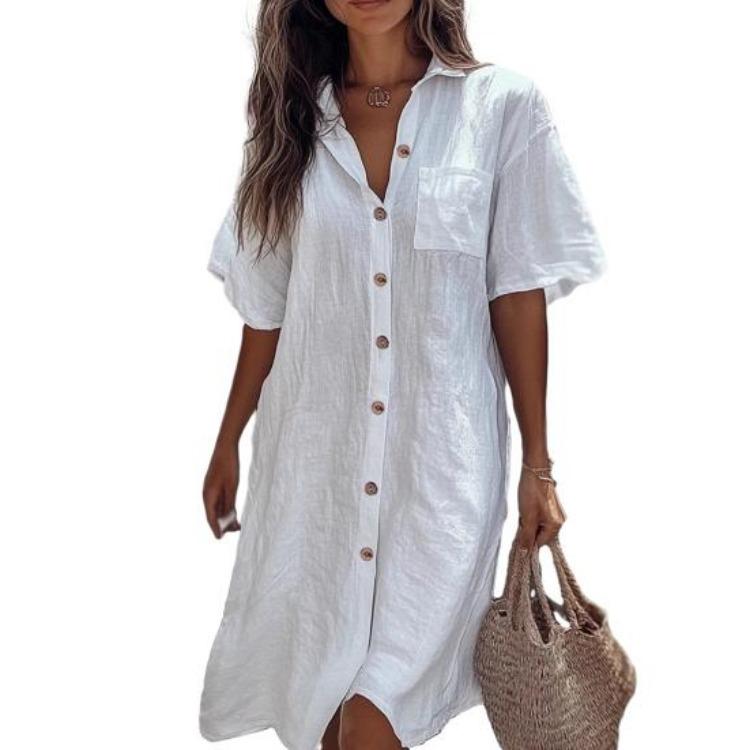 

Casual Commuter Style Women Shirt Lapel Short Sleeve Loose Fit Solid Color Buttons Placket Work Shirt XXL білий
