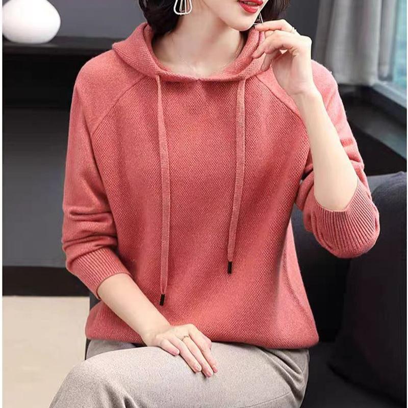 Hooded Drawstring Knitted Sweatshirt for Women Solid Color Loose Sweater Long-sleeved Pullover for Autumn and Winter Women's Sweater Coat