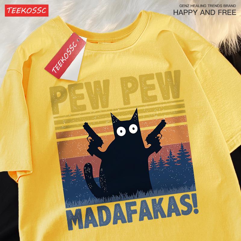 Pew Pew Madafakas Doppelpistole Katze Kurzarm Übergroße Atmungsaktive T-Shirts Baumwolle Sommerkleidung Street Casual T-Shirt Männer