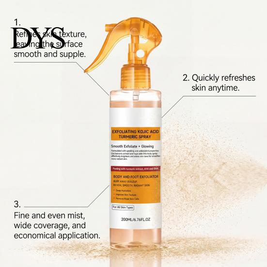 Jemný exfoliační sprej 200ML Kyselina kojová Kurkumový sprej, Hydratační tělový a nožní exfoliátor Odstraňuje každodenní odumřelou kůži, Zlepšuje drsnou texturu,