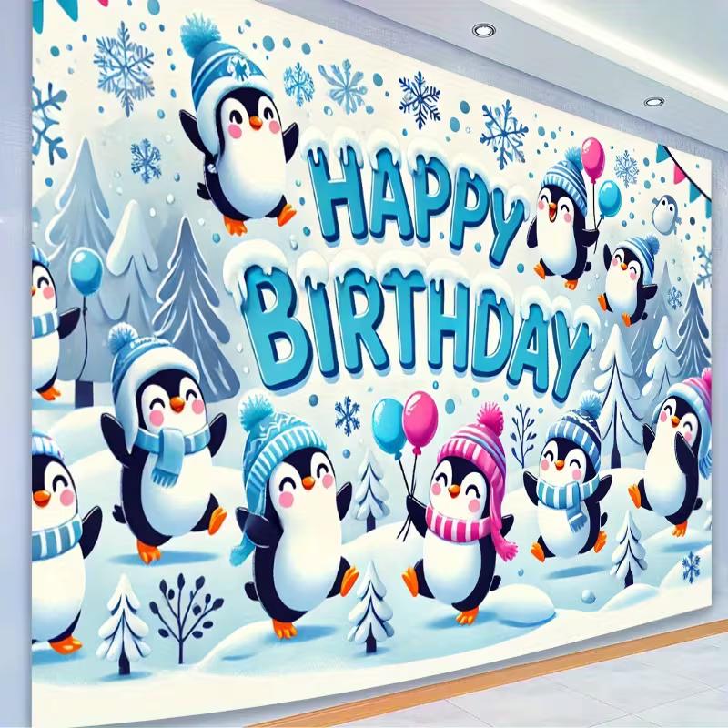 Fondo de Feliz Cumpleaños de Pingüino Lindo 2D, Pancarta Decorativa para Fiesta Invernal de Nieve