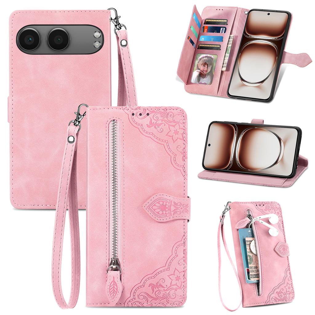For OnePlus Nord 4 Zipper Wallet Case with Strap Flower Imprint PU Leather Phone Cover