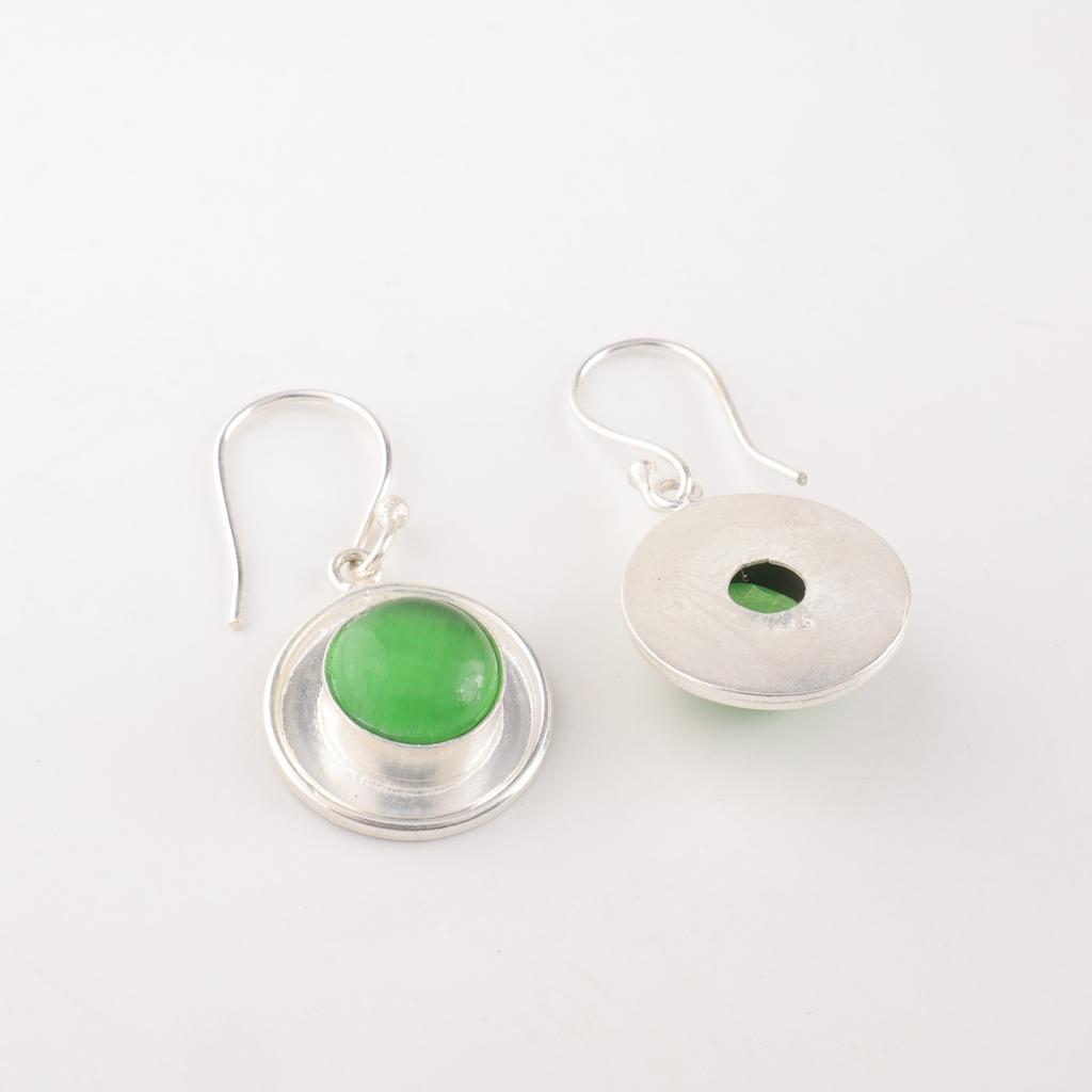 925 Sterling Silver Green Cat's Eye Gemstone Jewelry Handcrafted Earrings 1.40" EE-4-46