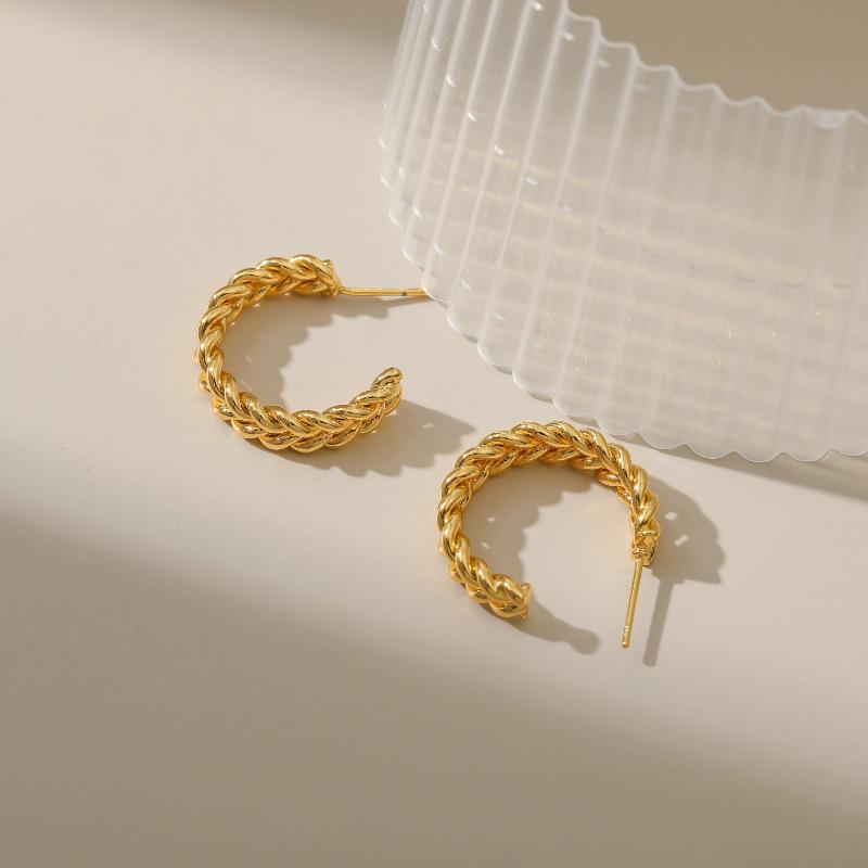 Twisted Braided C Shape Copper Plated 18k Gold Stud Earrings Fashion Jewelry For Women