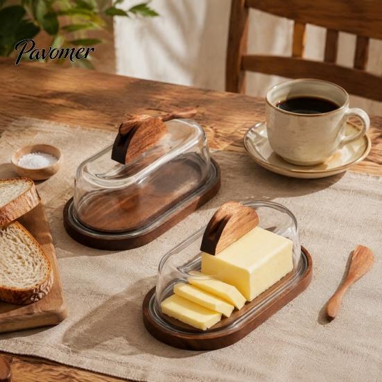 Japanese Style Butter Tray Wooden Dish with Glass Lid And Knife, Holder for Kitchen Spreader Countertop & Refrigerator, Keeper Tray, Container, Cheese