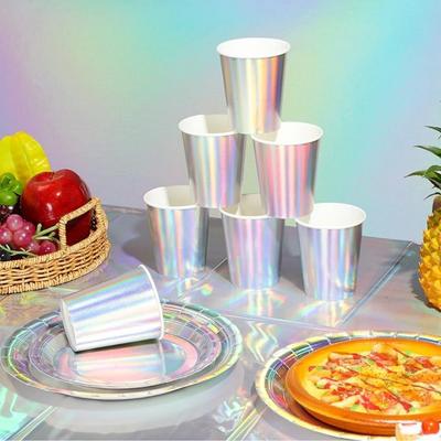 Pink Iridescent Birthday Decor Iridescent Party Decor Paper Plate Cup Tablecloth Holographic Metallic Mermaid Theme Birthday Party Supplies Serves 24