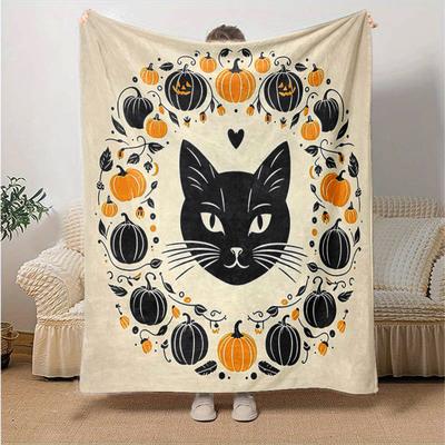1 Stück Schwarze Katze und Kürbis Ideen Decke Weich und Gemütlich Heimdeko Geschenk für Freund, Geeignet für Alle Jahreszeiten, Wohnzimmer, Reisen, Camping