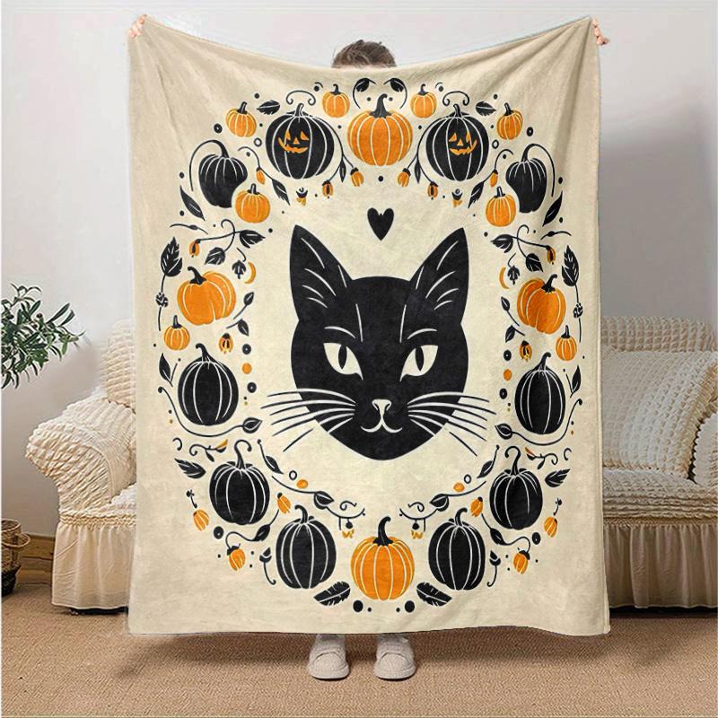 1pc Black Cat and Pumpkin Ideas Blanket  Soft and Cozy Home Decor Gift for Friend, Suitable for All Seasons, Living Room, Travel, Camping