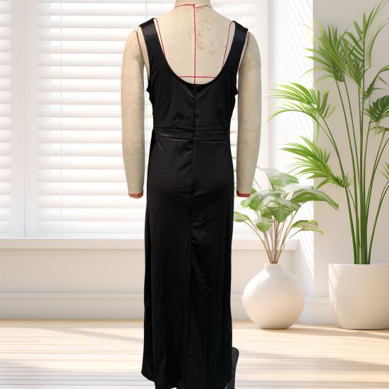 Women's Satin Ruched High Slit Bodycon Maxi Dress Sexy Sleeveless Cocktail Party Wedding Guest