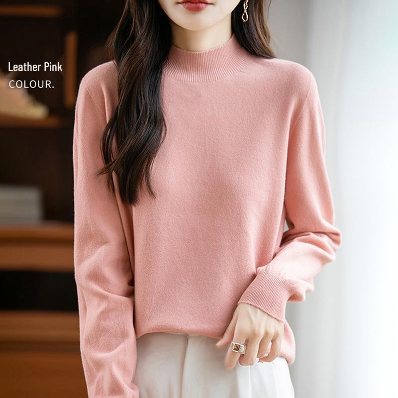 Elegant Autumn Velvet Knit Half-High Neck Sweater for Women - Long Sleeve, Loose Fit Pullover