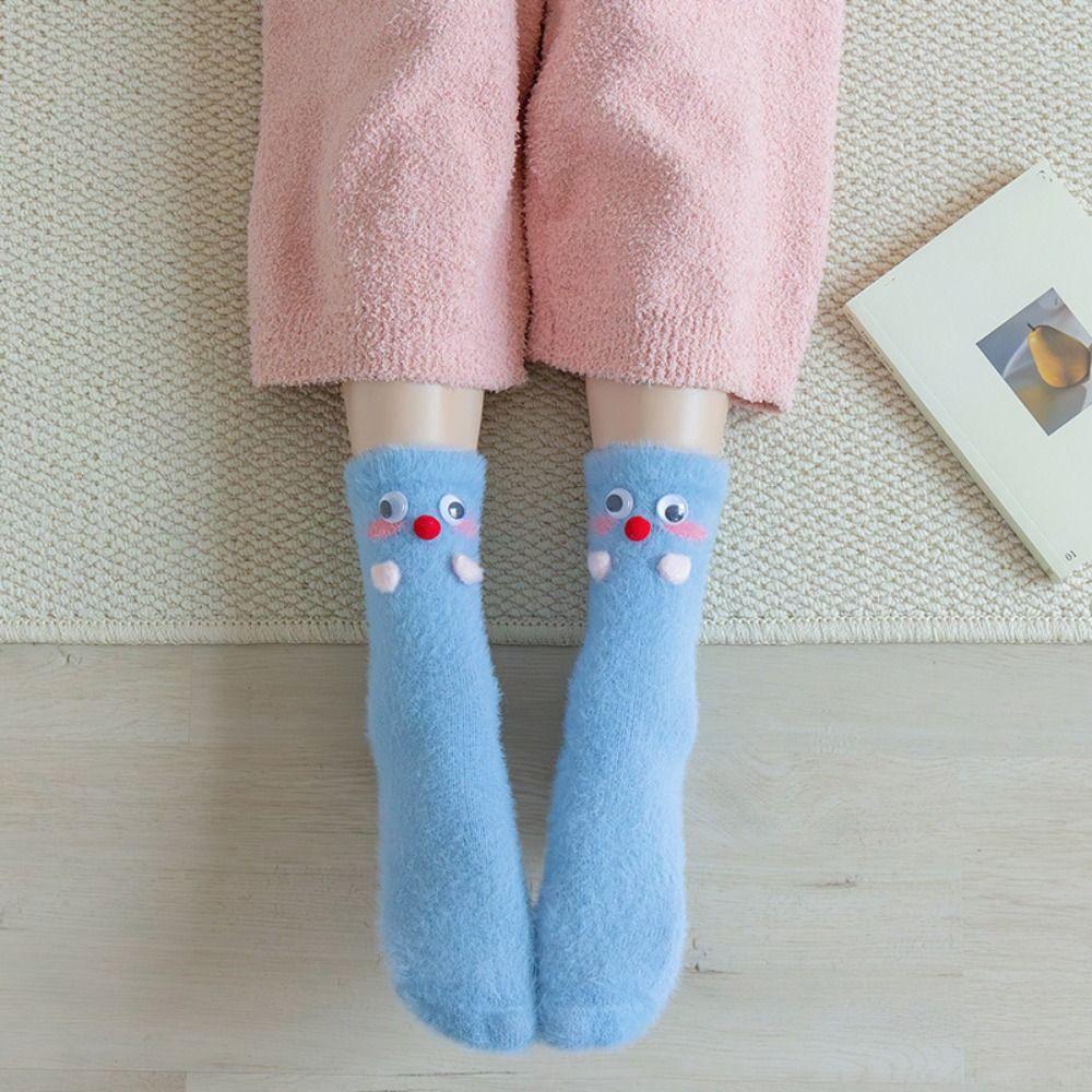 Ins Cartoon Eyes Mink Fur Socks Soft Pile Up Sleeping Socks Women Funny Hosiery Dot Socks Girls