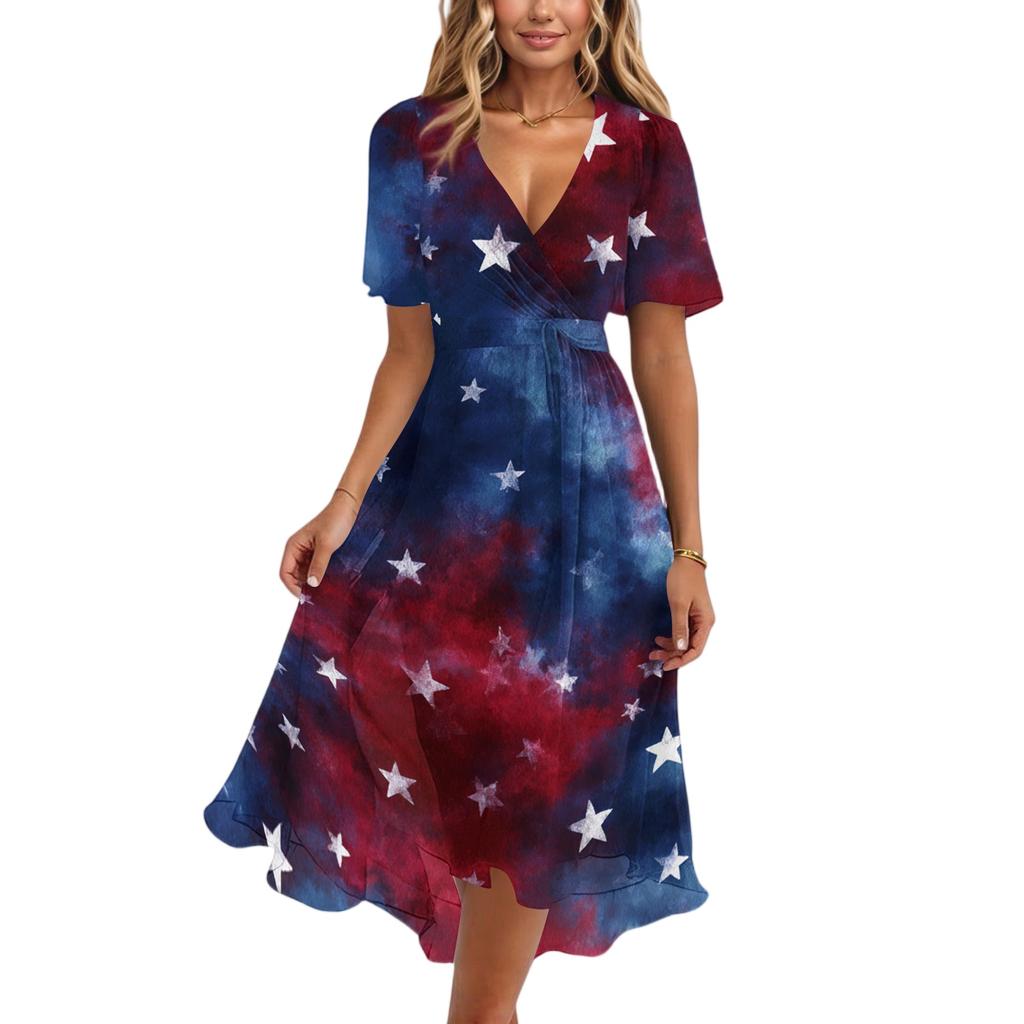 Women's Casual V-Neck Short-Sleeve Independence Day Print Dress