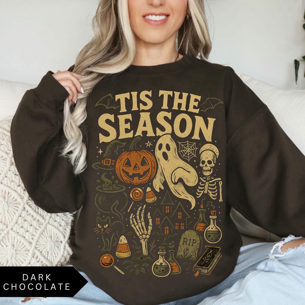 Retro Halloween Sweatshirt Tis' the Season Vintage Halloween Aesthetic Pumpkin Ghost Sweatshirt Y2K Unisex Streetwear