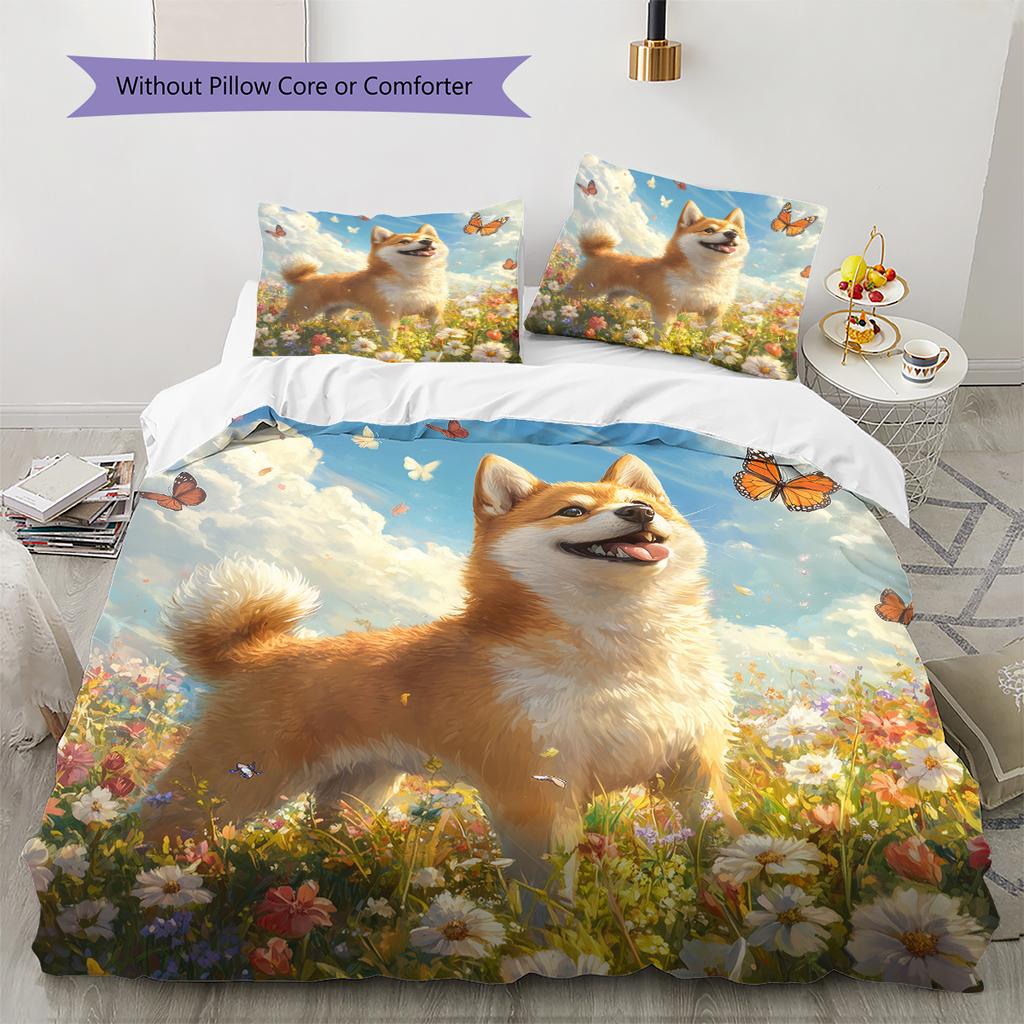 Shiba Inu and Fresh Flowers Pattern Bedding Home Decoration Birthday Gift (1 * duvet cover + 2 * pillowcase, without core)