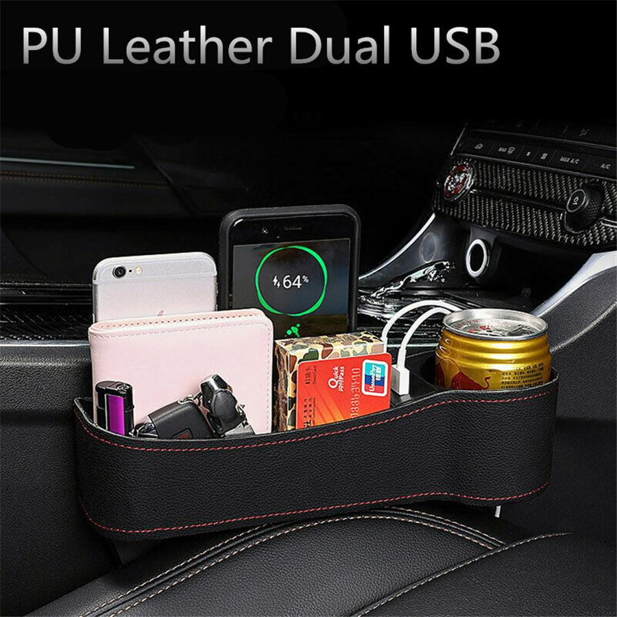 Upgrade Storage Box Car Seat Gap Organizer Pocket PU Leather Auto Seat Side Slit Accessories With 12/24V Cigarette Lighter Drive