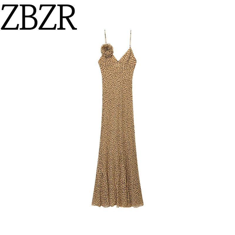 Zbzr Spring New Women Clothes Western Style Fashion V-neck Flower Decoration Polka Dot Long Dress 3675535