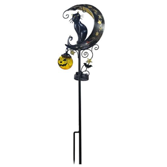Gruselige Herbst-Gartendekoration Halloween Solar-Gartenstecker Licht, Metall Schwarze Katze & Kürbis Mond Wasserdichte Sichel Wegbeleuchtung Dekorationen für 1pc black