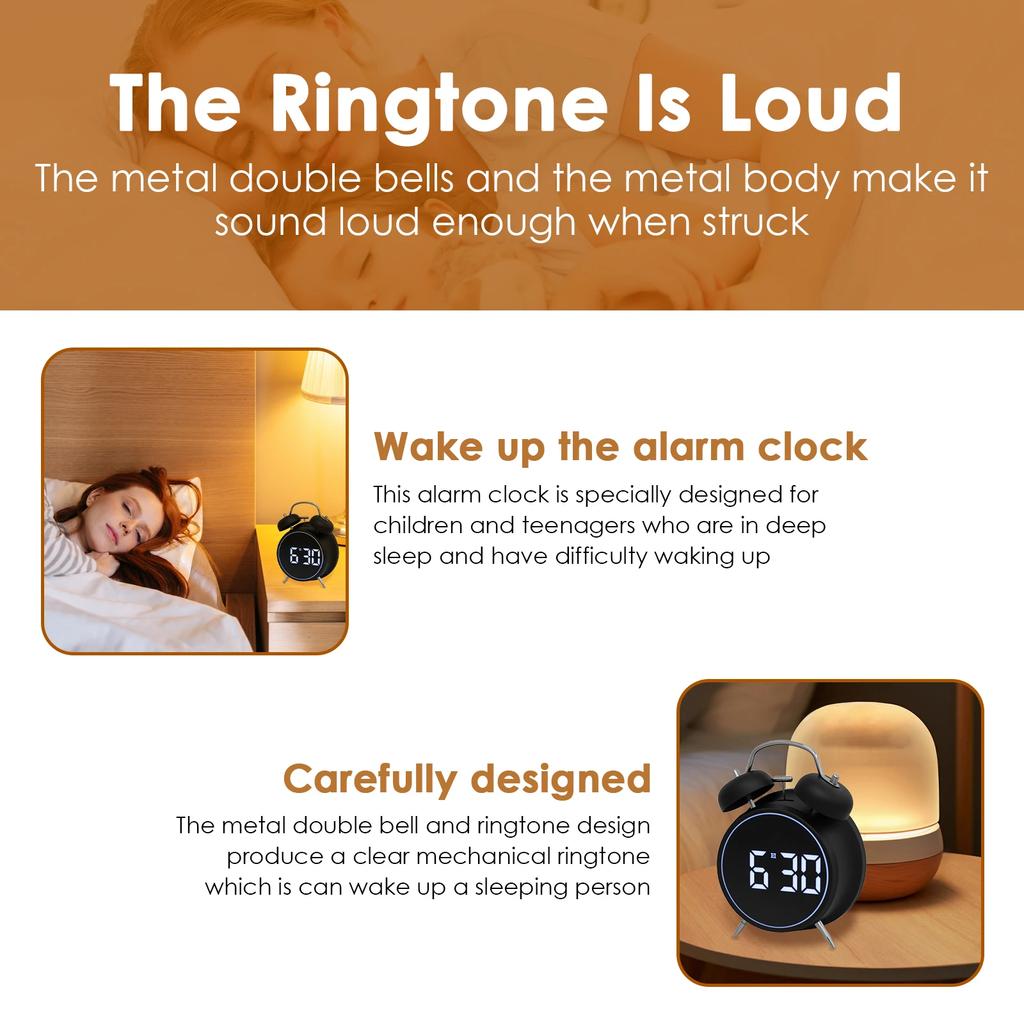 Digital Alarm Clock Metal Double Bell Bedside Alarm with LED Display Silent Table Clock for Heavy Sleepers Adults Kids Xmas Gift