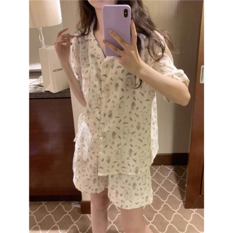 Flower Print Sleepwear Women Pajama Sets Korean Style Summer  Pieces Night Wears for Sleeping Student Cute Home Suit