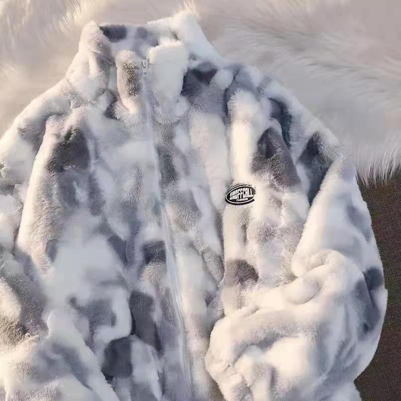 Women's Tie-Dye Double-Sided Fleece Jacket: Lazy Style, Loose Fit, Zipper, Stand-Up Collar, Autumn/Winter Fashion