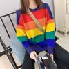 Soft Rainbow Color-Block Women's Sweater | Cozy Round Neck Pullover with Horizontal Stripes, Fall Winter Casual Chic