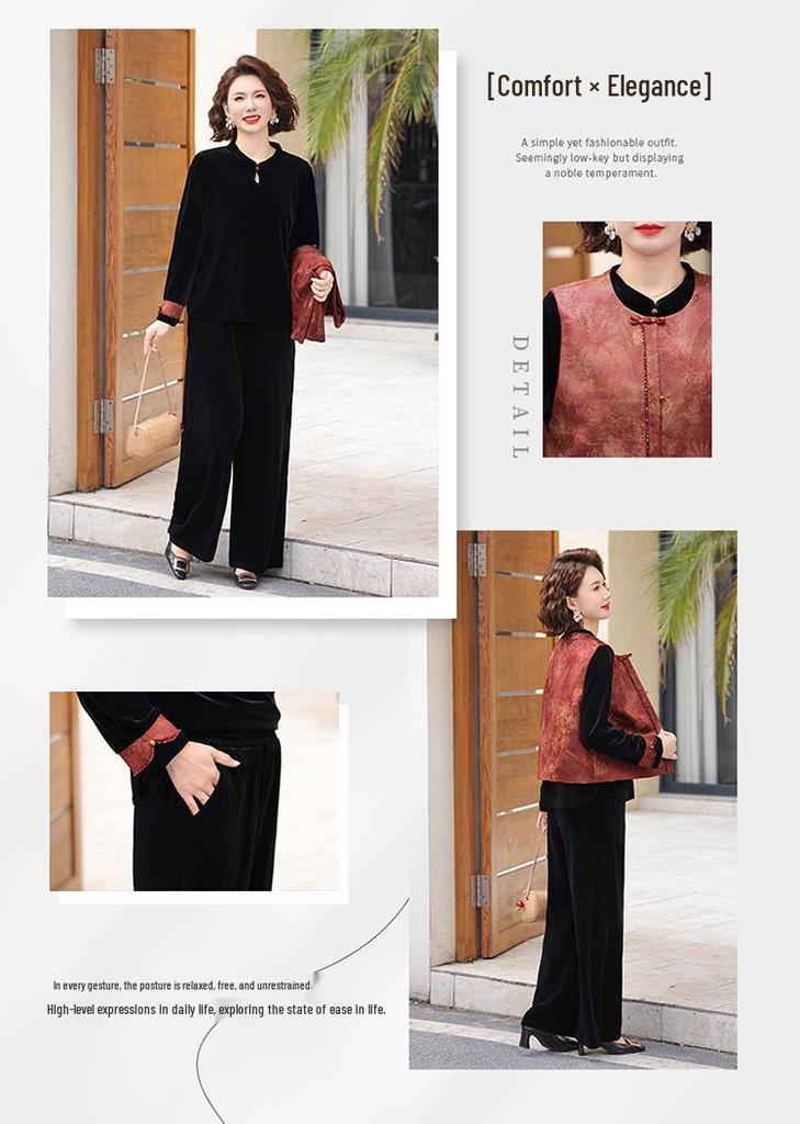 Mom's Gold Velvet Spring Suit: Elegant Three-Piece Chinese Style Set for Middle-aged & Elderly Women - 2026 Spring/Autumn Collection.