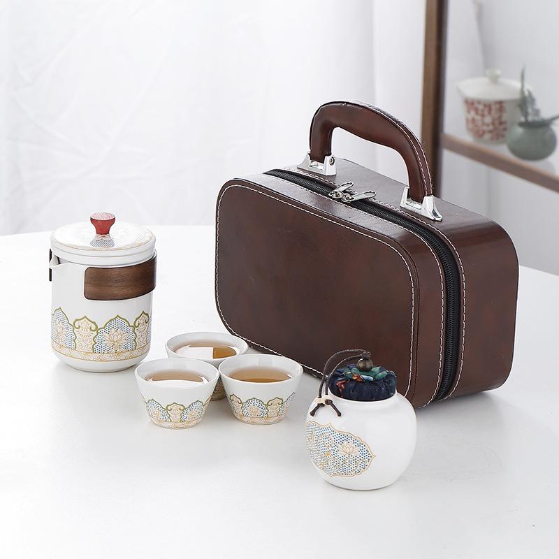 Portable Travel Tea Set, Ceramic Teapot & Cups with Storage Bag for Outdoor & Gift