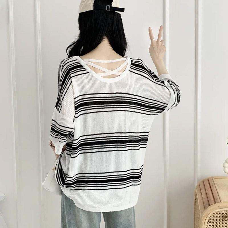 T-shirt for Women Summer Large Size Stripe Cutout T-shirt Soft Loose Casual Comfortable Pullover T-shirt Top
