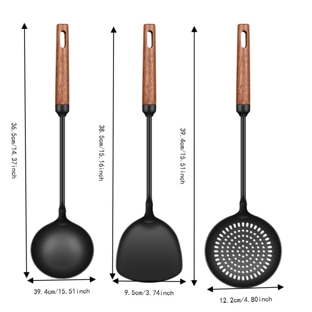 Heat-resistant Iron Wok Spatula Wood Long Handle Strainer Spoon Frying Scoop Chinese Restaurant