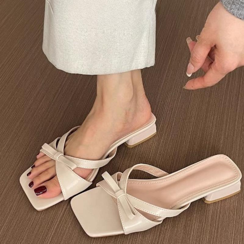 

Мода 2025 Лето Новая Мода Толстый Каблук Квадратный Носок Открытый Носок Атласный Бант Праздничные 1 Слипоны Женские Сандалии 35 бежевый