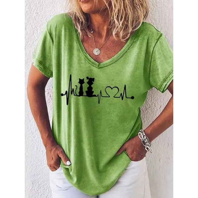 Cartoon T-shirt Women's Short Sleeve Summer Outdoor Casual V-Neck Short Sleeve Tops Oil Painting Puppy Print Plus Size Clothing