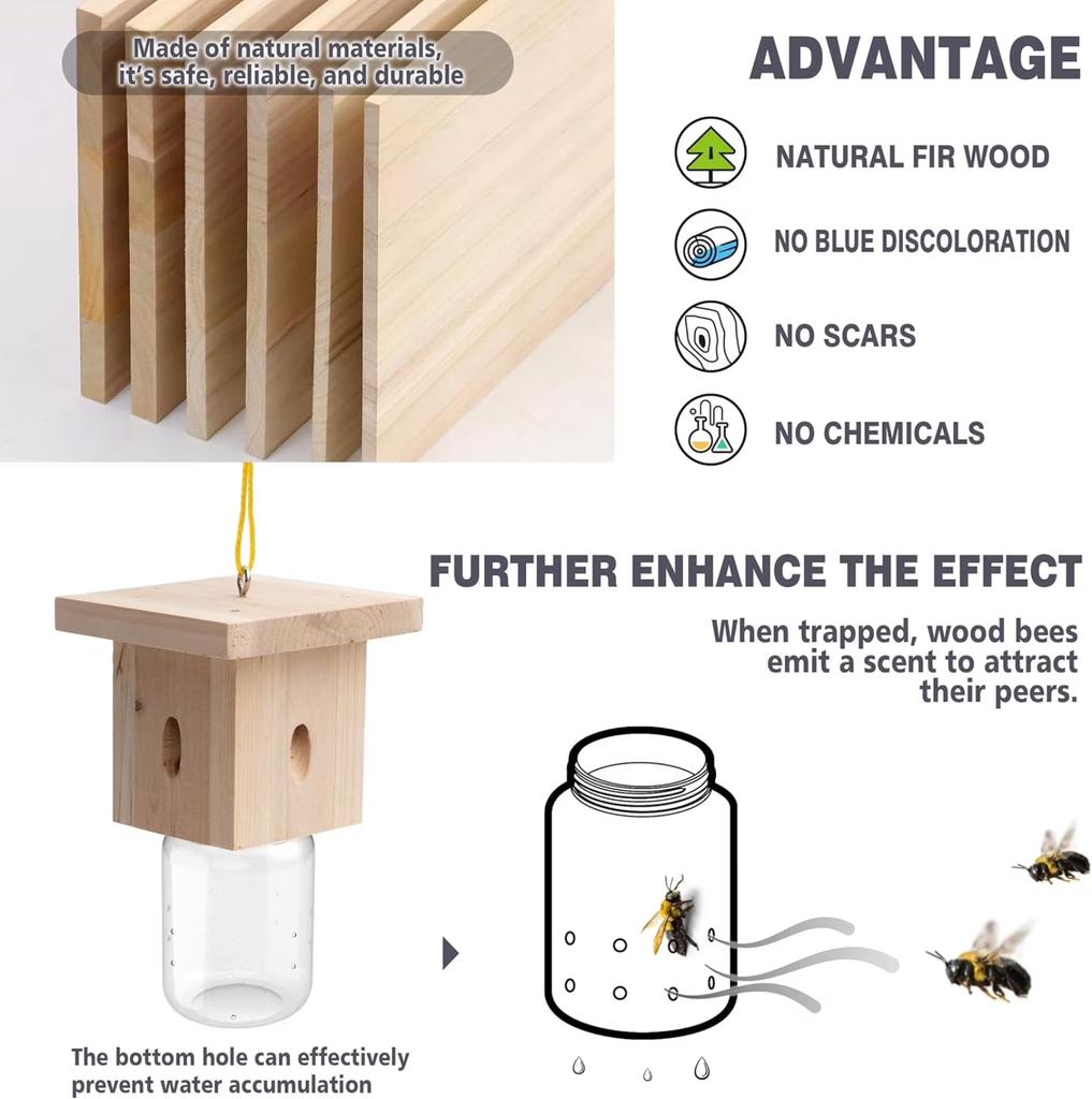 1 PCS Wood Carpenter Bee Trap For Outside - Natural Hanging Carpenter Bee Traps Outdoor With Plastic Collection Jar, Best Bee Trap For House - Insect