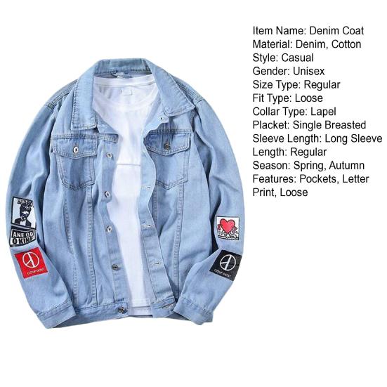 Long Sleeves Pockets Single-breasted Denim Coat Spring Autumn Letter Print Turn-down Collar Unisex