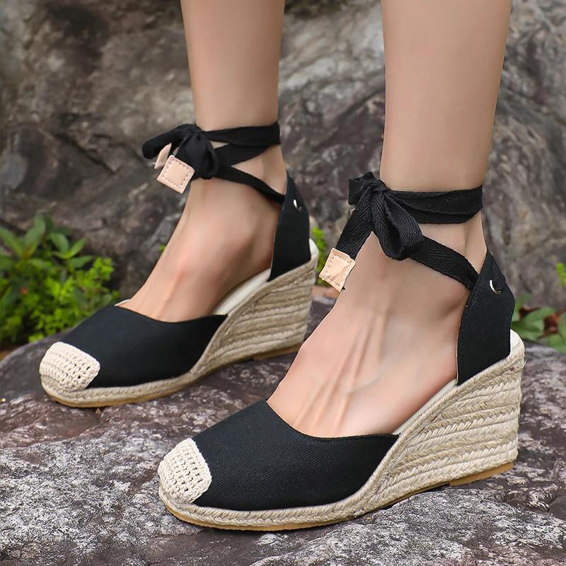 Ankle Lace Up Wedges Sandals Women Summer Closed Toe Espadrille Platform Sandles Woman High Heels Gladiator Sandalias Mujer 43