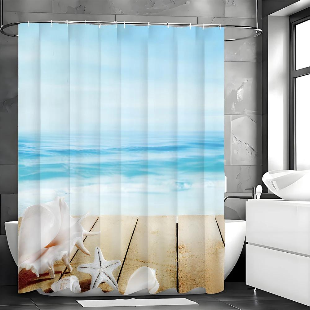 Ocean Shell Wooden Panel Shower Curtain, Bathroom Decorative Shower Curtain, Waterproof Shower Curtain With Hooks