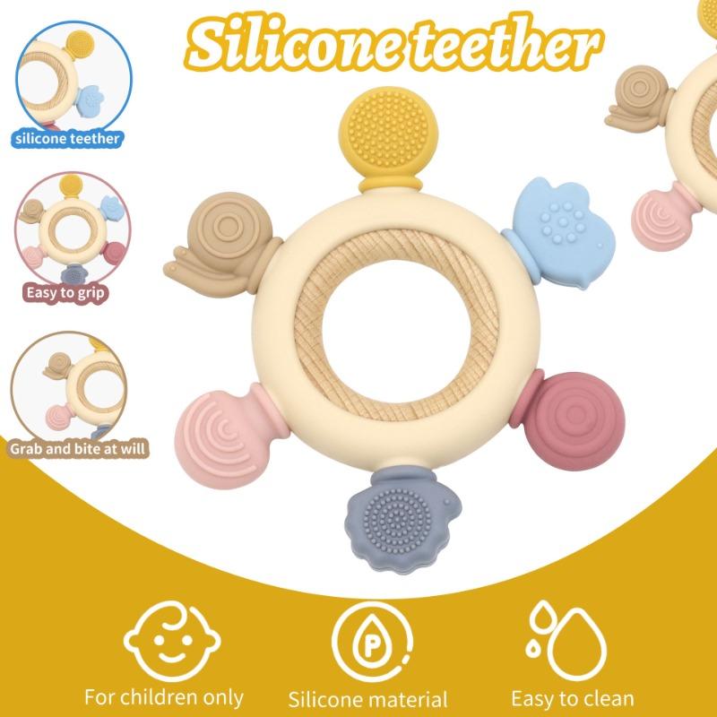 Food Grade Baby Silicone Teether Rudder Shape Wooden Ring Teething Toys BPA Free Infant Chewing Nursing Toy Newborn Gifts
