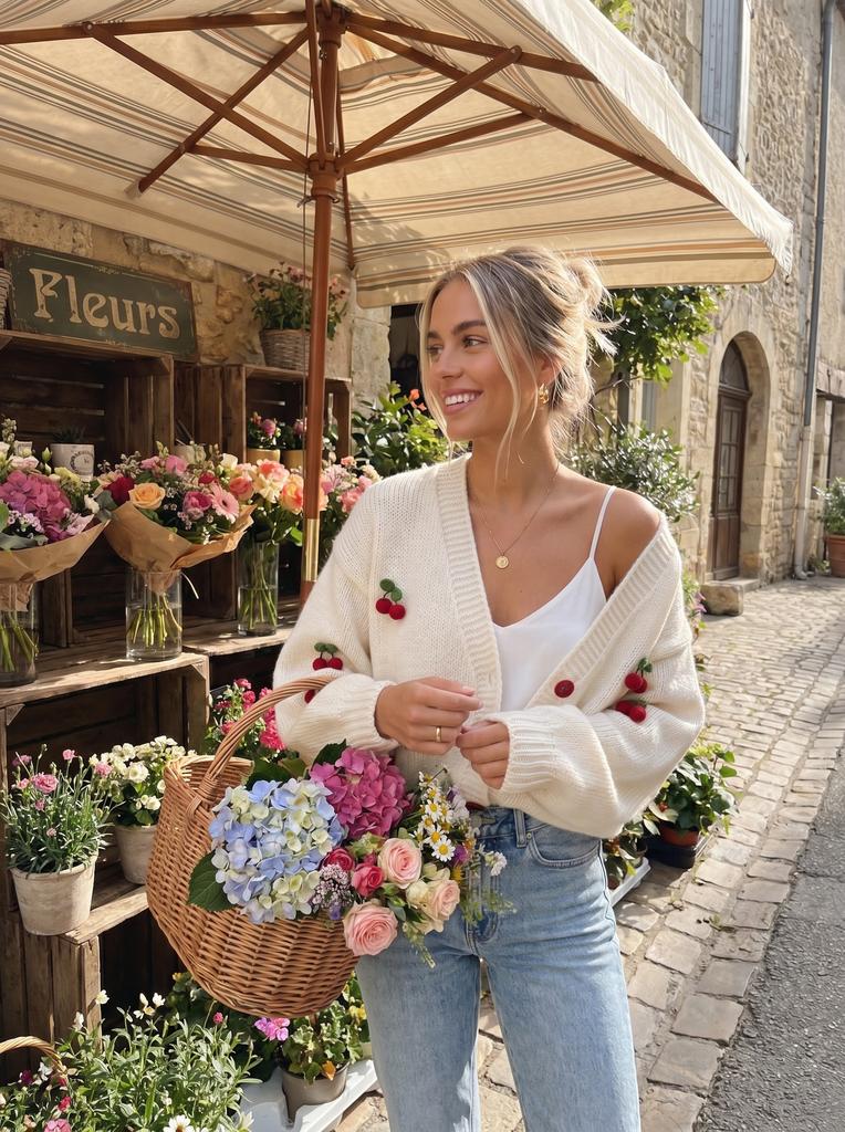 Women's Three-dimensional Cherry Decorated V-neck Knitted Cardigan Sweet Casual Top Commuter French Pastoral Knitted Jacket