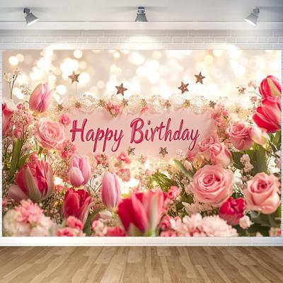 Bannière « Joyeux anniversaire » pour femme, décorations d'anniversaire, roses roses, tulipes, drapeaux, décorations de fête d'anniversaire