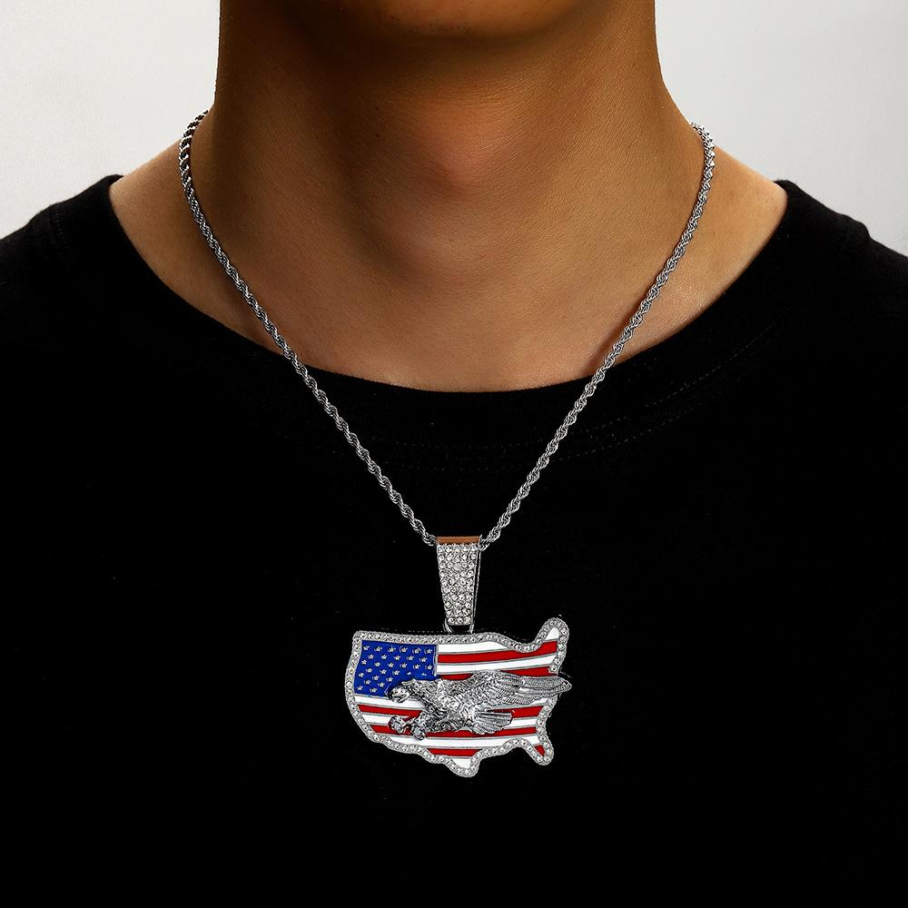American Flag Drip Oil Full Diamond Alloy Pendant American Independence Day Hip Hop Necklace Men's Necklace Jewelry