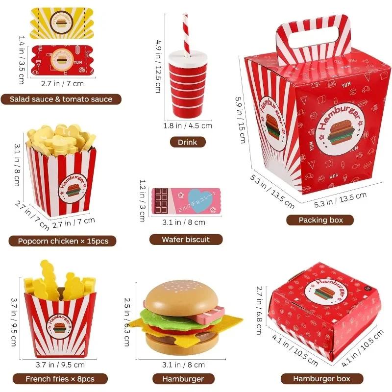 Wooden Fast Food Diner Set Toy for Kids Pretend Kitchen Play Classic American Meal Realistic Food Set Burger French Fries Cola